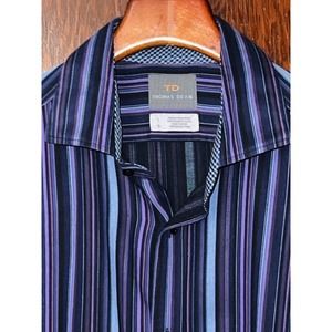 TD THOMAS DEAN PURPLE BLACK BLUE STRIPED SOFT COTTON LONG SLEEVE SHIRT L